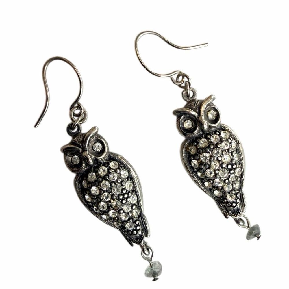 Gerard YOSCA Rhinestone Owl Dangle Earrings Silver Tone Vintage Style